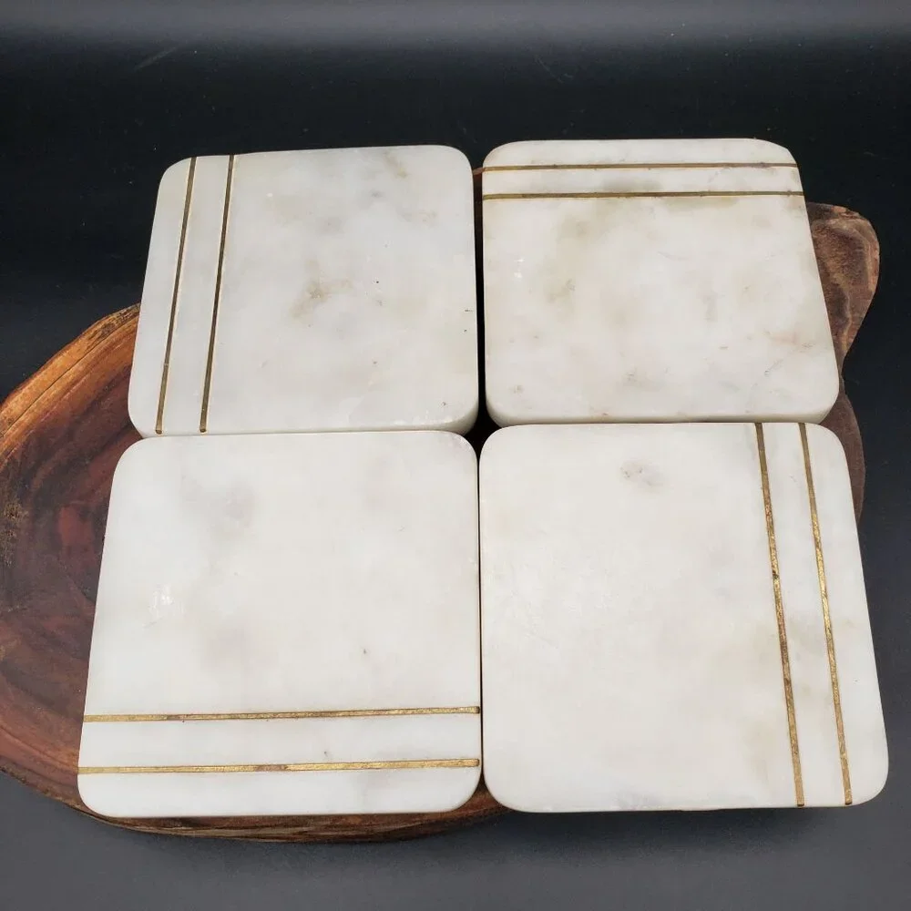 Vintage White Marble Coasters w Brass Inlay Lines 4